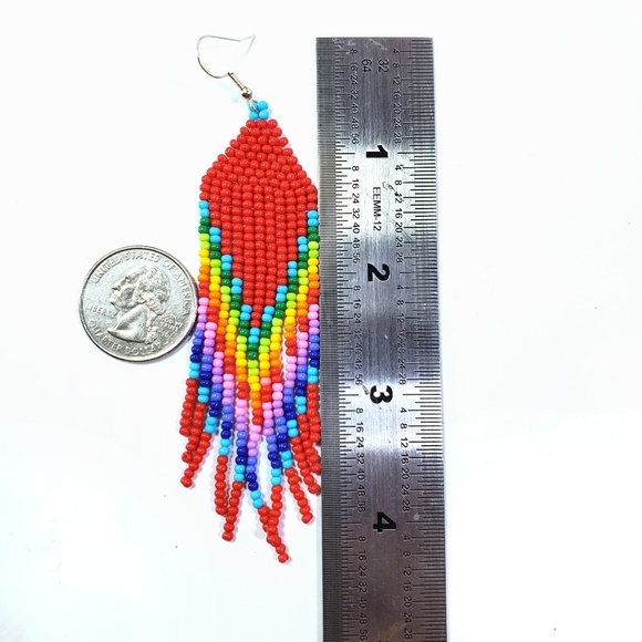 🌈 Red Rainbow Long Fringe Seed Bead Earrings - Picture 4 of 4